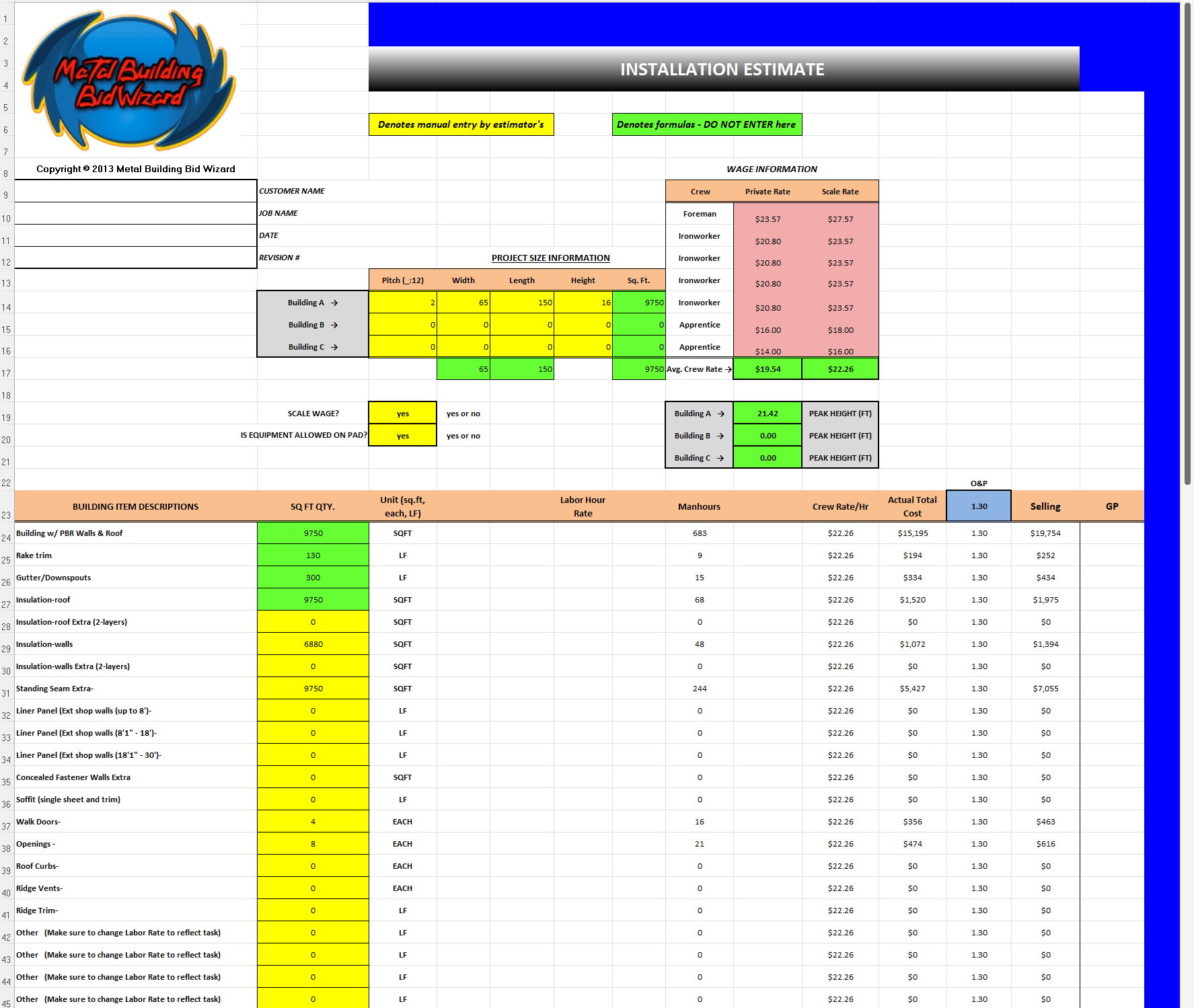 Metal Building Bid Wizard installation estimate: building inputs, wage rates and itemized line items