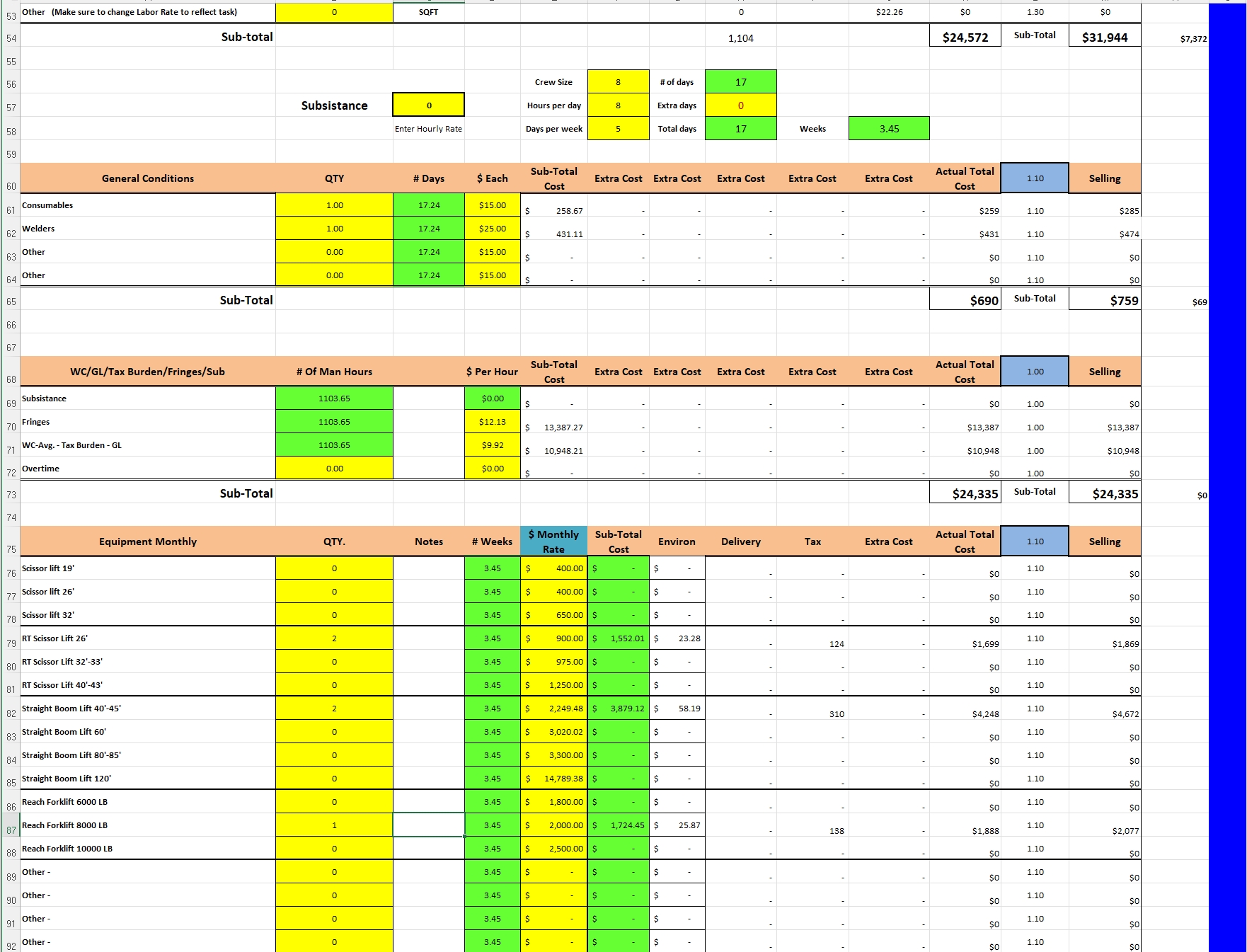 Metal Building Bid Wizard estimate: general conditions, equipment and crane line items