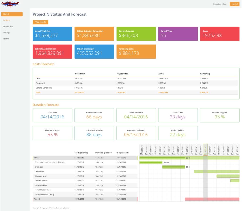 Metal Building Bid Wizard project status screen